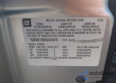 2005 Chevrolet Trailblazer Ls from USA, damaged, VIN 1GNDS13S852234470